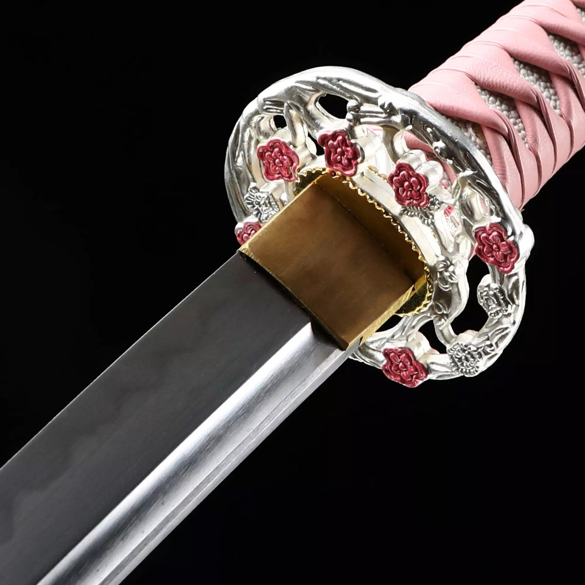 Voll-Tang Katana, handgefertigtes japanisches T10-Stahl-Katana, lehmgehärtet mit rosa Scheide, echter Hamon, echtes Katana-Schwert