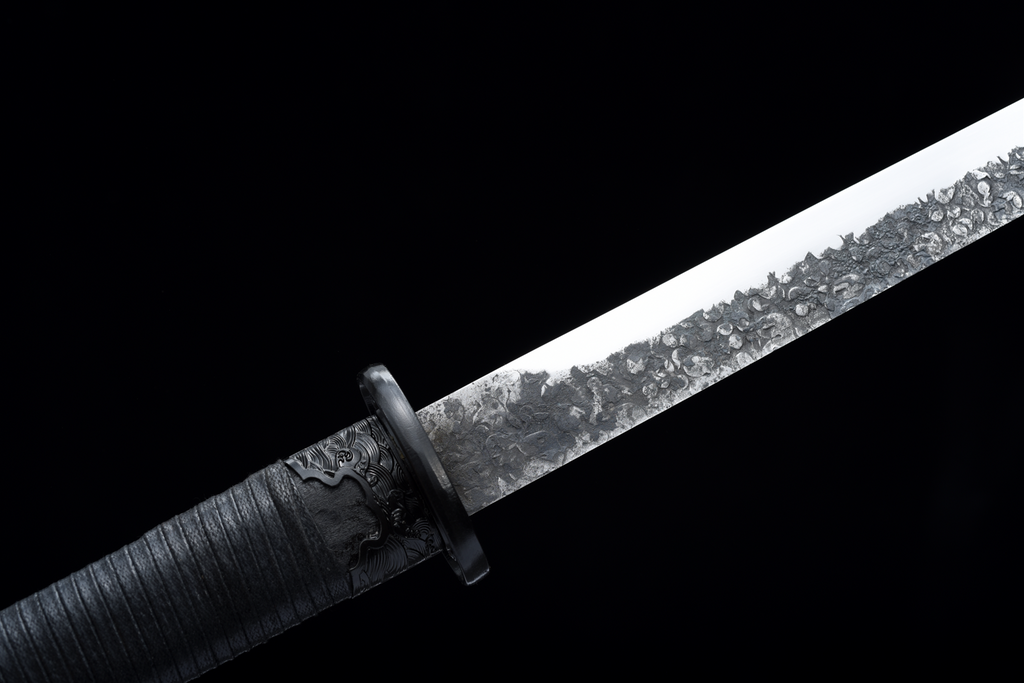 Handgefertigtes Ninjato-Schwert, Federstahl, Full Tang, schwarze Scheide - 107 cm, echtes Katana-Schwert