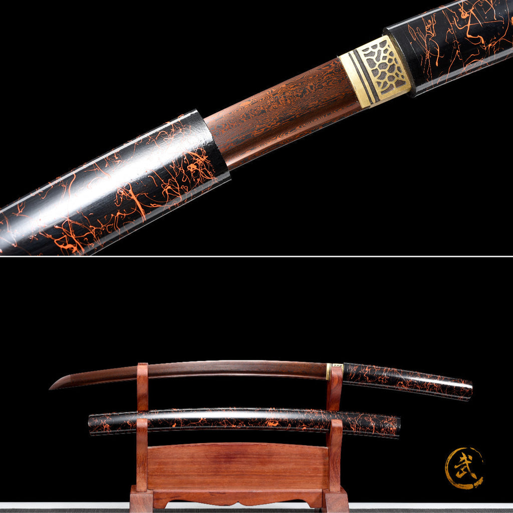 Handgefertigtes Wakizashi-Schwert aus rotem Damaszener-Stahl mit Scheide - 79 cm, echtes Katana-Schwert