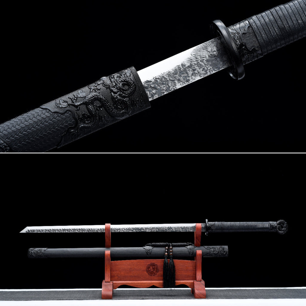 Handgefertigtes Ninjato-Schwert, Federstahl, Full Tang, schwarze Scheide - 107 cm, echtes Katana-Schwert