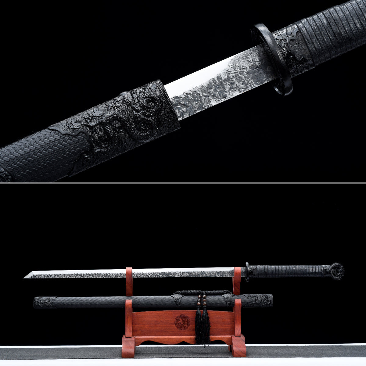 Handgefertigtes Ninjato-Schwert, Federstahl, Full Tang, schwarze Scheide - 107 cm, echtes Katana-Schwert
