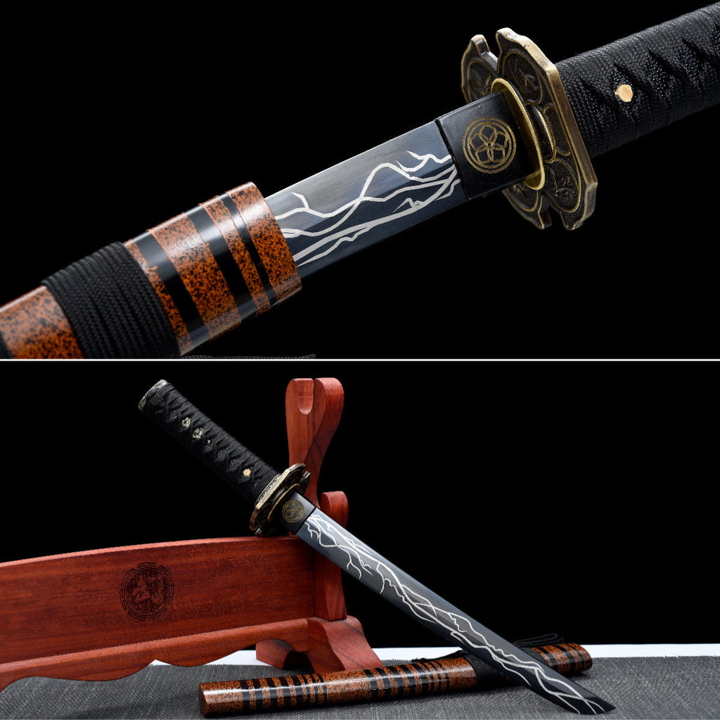 Handgefertigtes Full-Tang Tanto-Schwert, Klinge aus Mangan-Stahl schwarz, mit Scheide - 53 cm, echtes Katana-Schwert