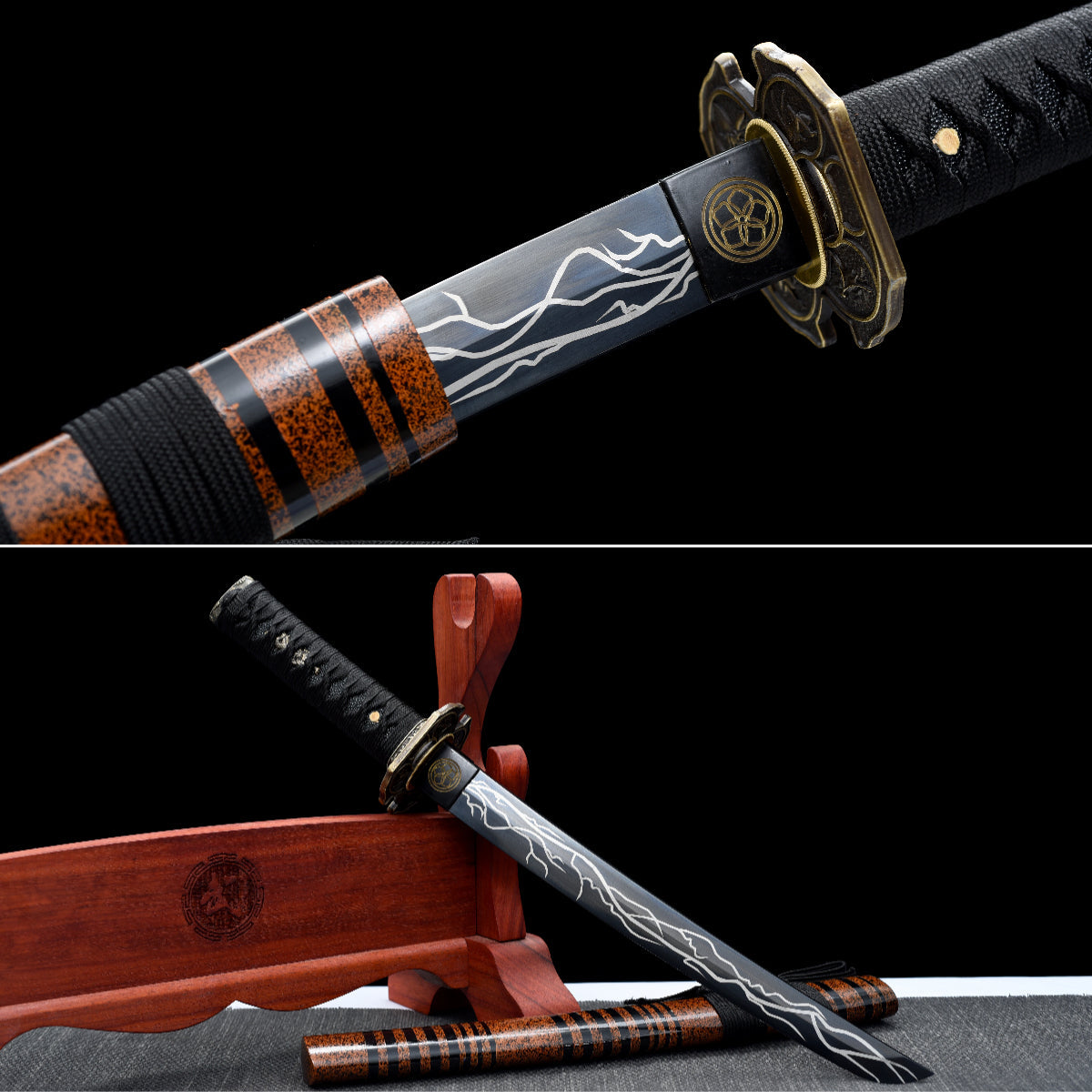 Handgefertigtes Full-Tang Tanto-Schwert, Klinge aus Mangan-Stahl schwarz, mit Scheide - 53 cm, echtes Katana-Schwert
