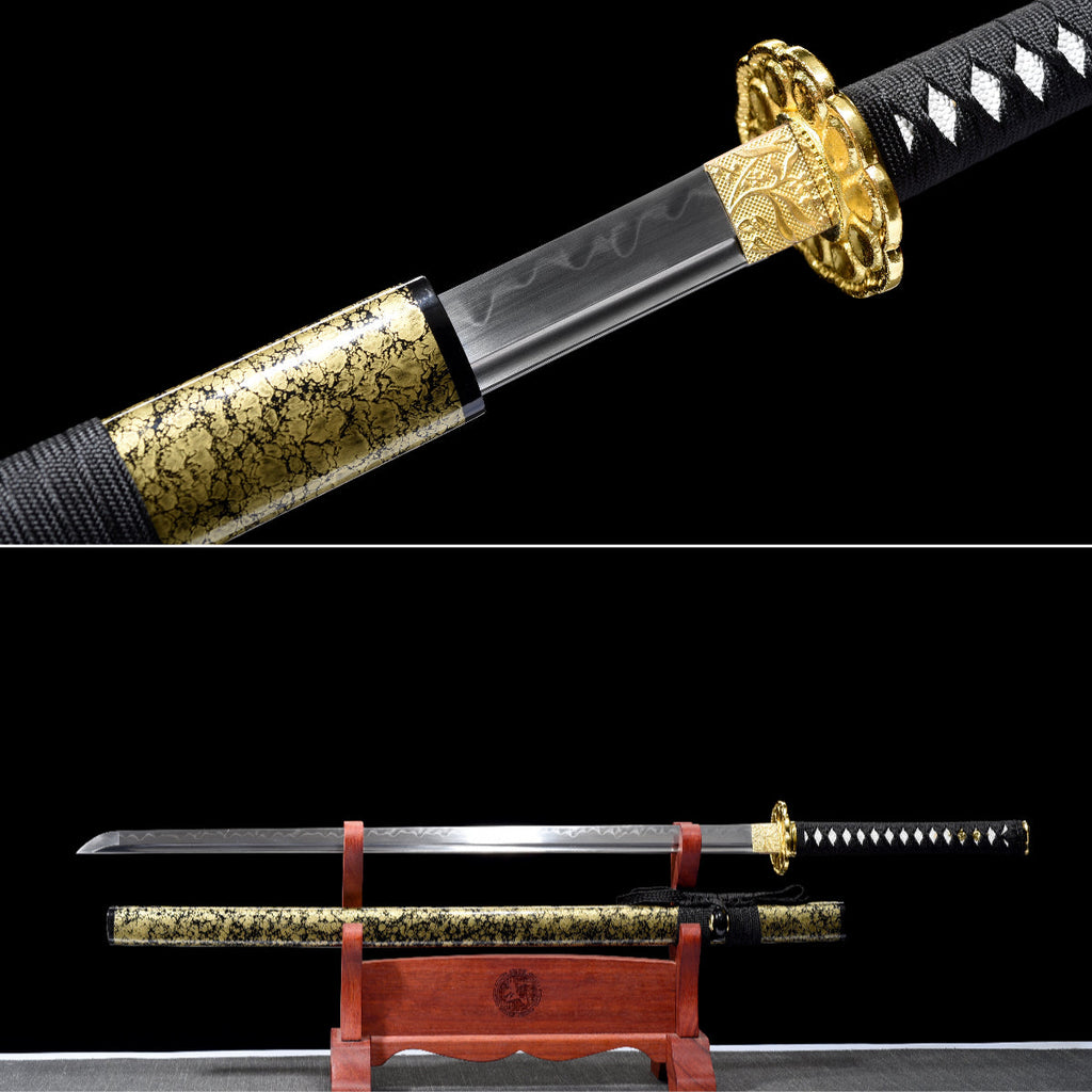 Handgefertigtes Ninja-Schwert, T10-Stahl, echte Hamon-Klinge, Full Tang, goldene Scheide – 104 cm