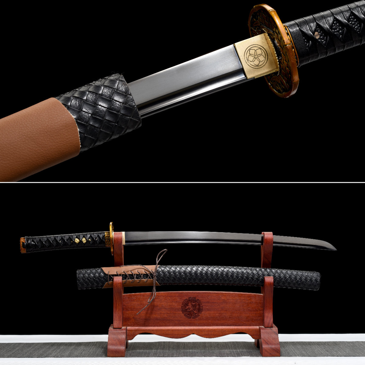 Handgefertigtes Wakizashi-Schwert aus Manganstahl mit schwarzer Lederscheide – 79 cm, echtes Katana-Schwert