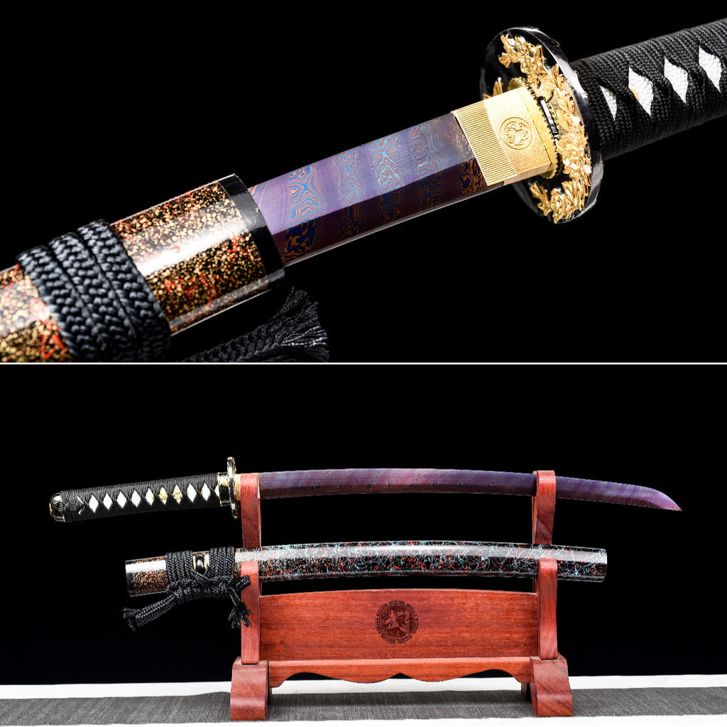 Handgefertigtes Wakizashi-Schwert, roter Damaszenerstahl mit Chroma-Scheide - 79 cm, echtes Katana-Schwert