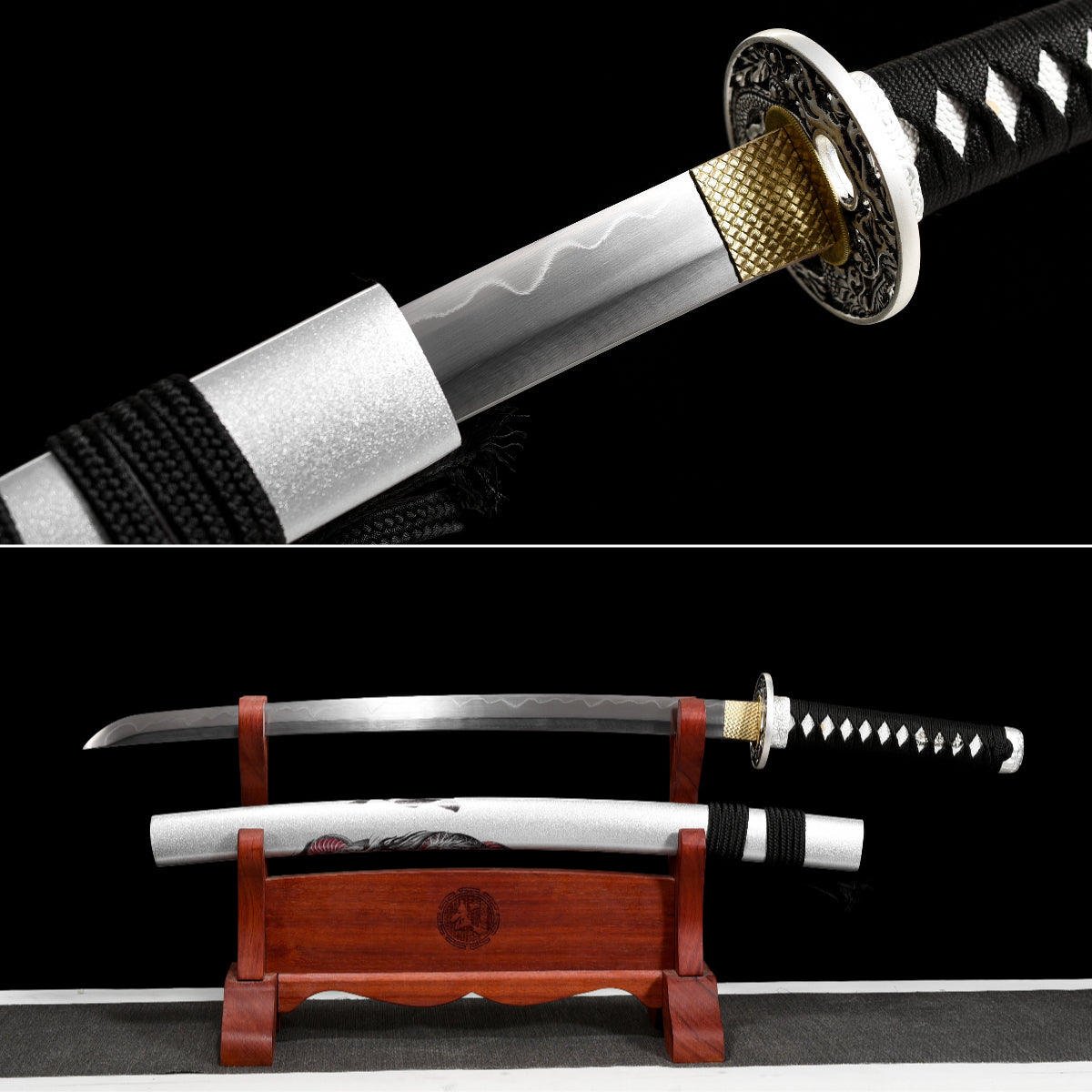 Handgefertigtes Wakizashi-Schwert aus Damaszenerstahl mit weißer Lederscheide – 79 cm, echtes Katana-Schwert
