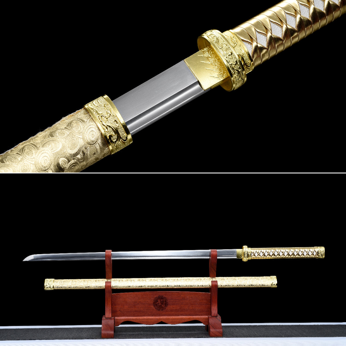 Handgefertigtes Ninja-Schwert, Klinge aus Manganstahl, Full Tang, goldene Scheide – 104 cm, echtes Katana-Schwert