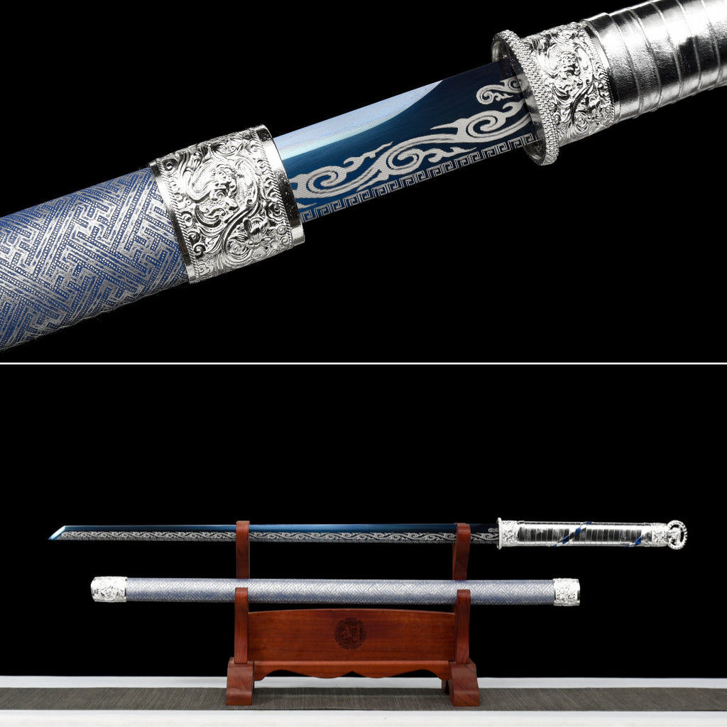 Handgefertigtes Ninja-Schwert, Manganstahl, blaue Klinge, Full Tang, blau bedruckte Scheide - 104 cm, echtes Katana-Schwert
