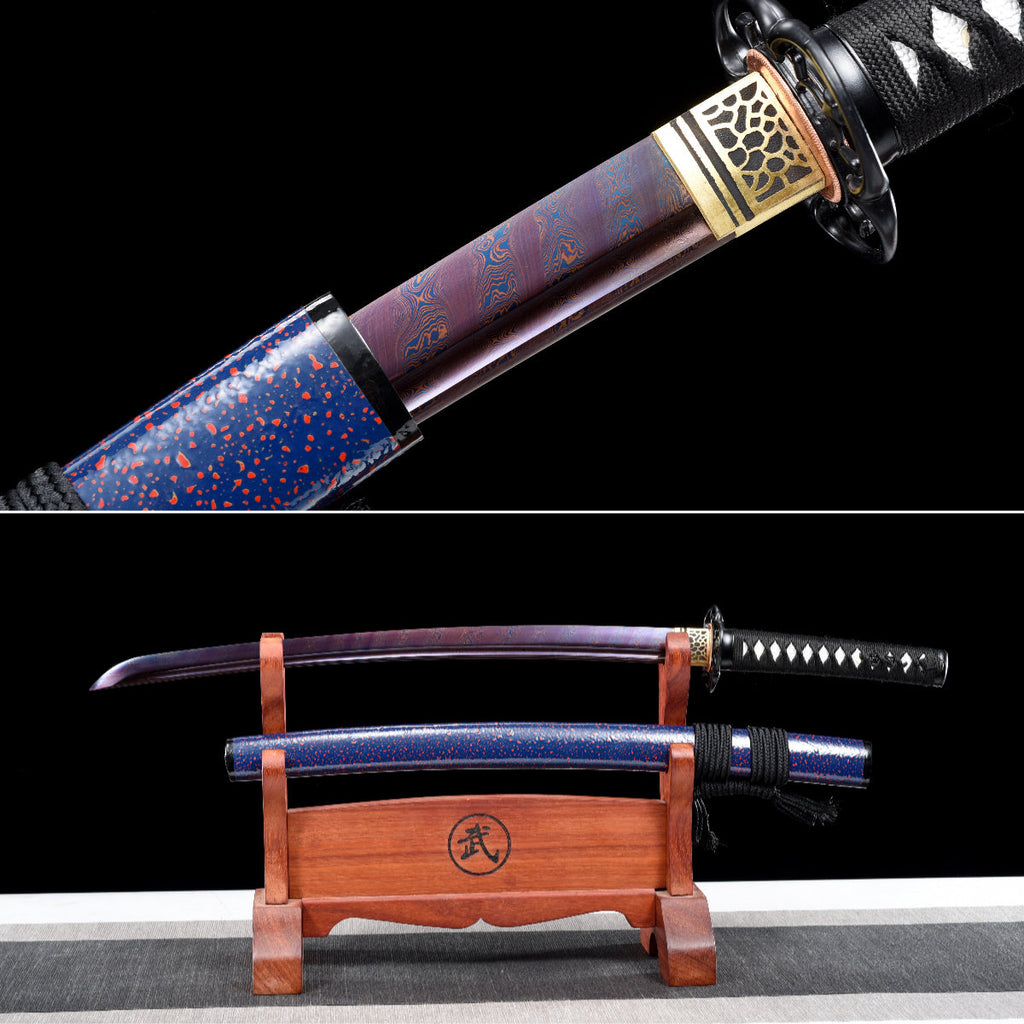 Handgefertigtes Wakizashi-Schwert, roter Damaszener-Stahl mit blauer Scheide – 79 cm, echtes Katana-Schwert