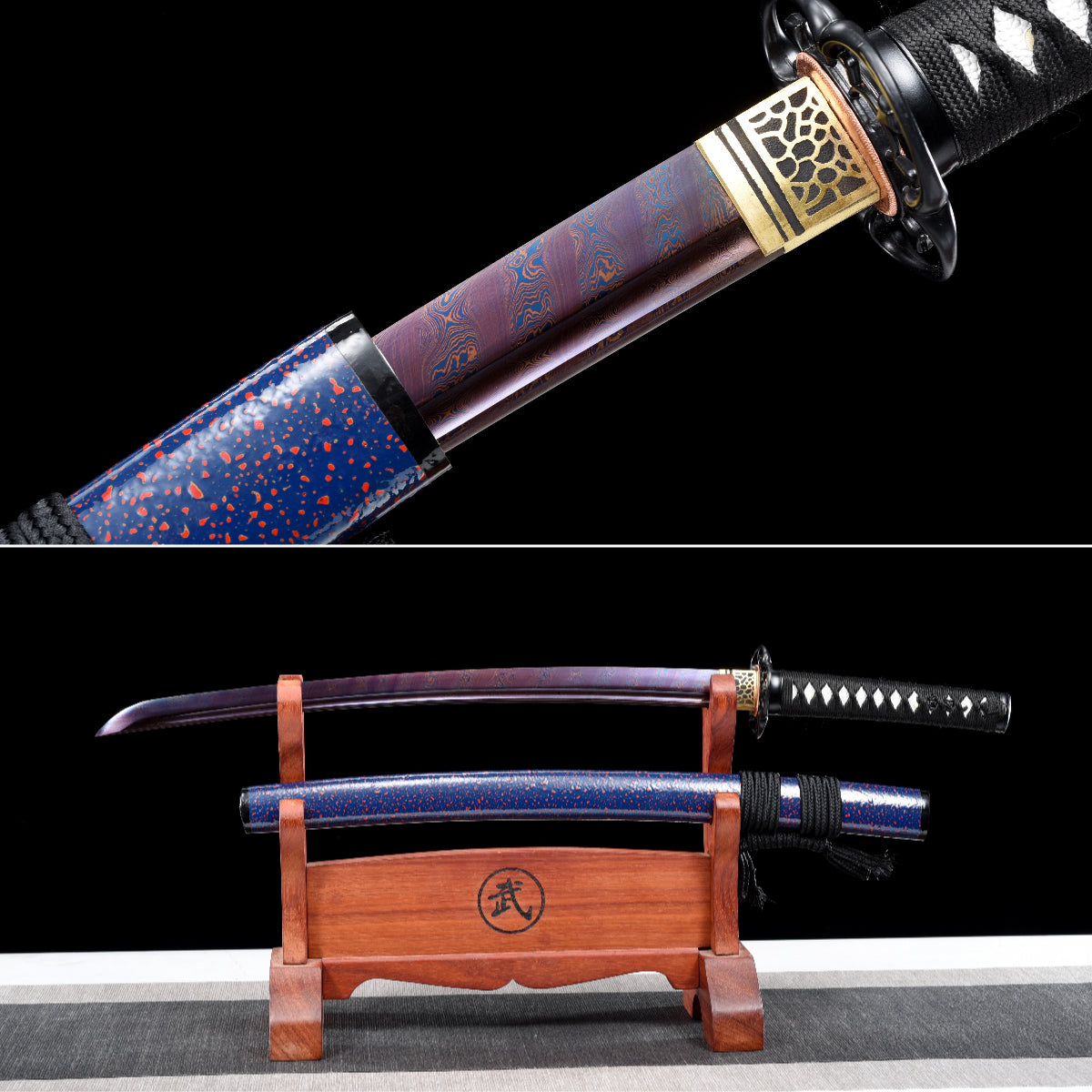 Handgefertigtes Wakizashi-Schwert, roter Damaszener-Stahl mit blauer Scheide – 79 cm, echtes Katana-Schwert