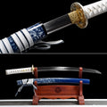 Handgefertigtes Full-Tang-Wakizashi-Schwert, Klinge aus T10-Kohlenstoffstahl, lehmgehärtet, blaue Scheide – 79 cm, echtes Katana-Schwert