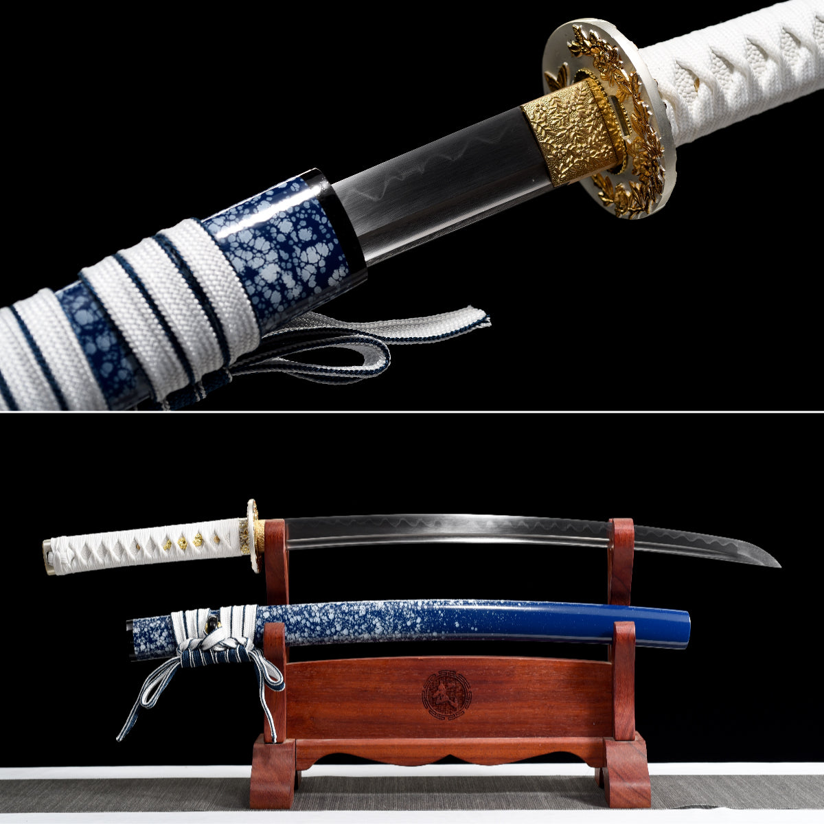 Handgefertigtes Full-Tang-Wakizashi-Schwert, Klinge aus T10-Kohlenstoffstahl, lehmgehärtet, blaue Scheide – 79 cm, echtes Katana-Schwert