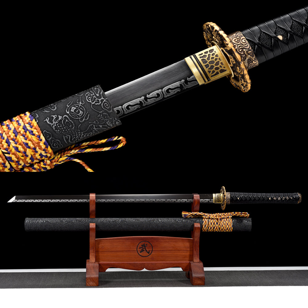 Handgefertigtes Ninjato-Schwert, Manganstahl, Full-Tang, schwarze Klinge, echtes Katana-Schwert