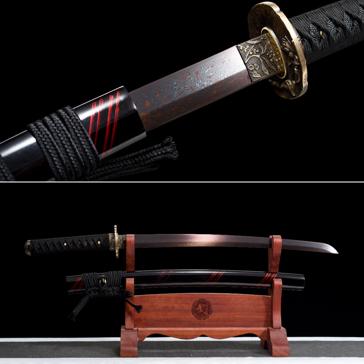 Handmade Wakizashi Sword Damascus steel With Black Scabbard - 31 in,Real katana sowrd