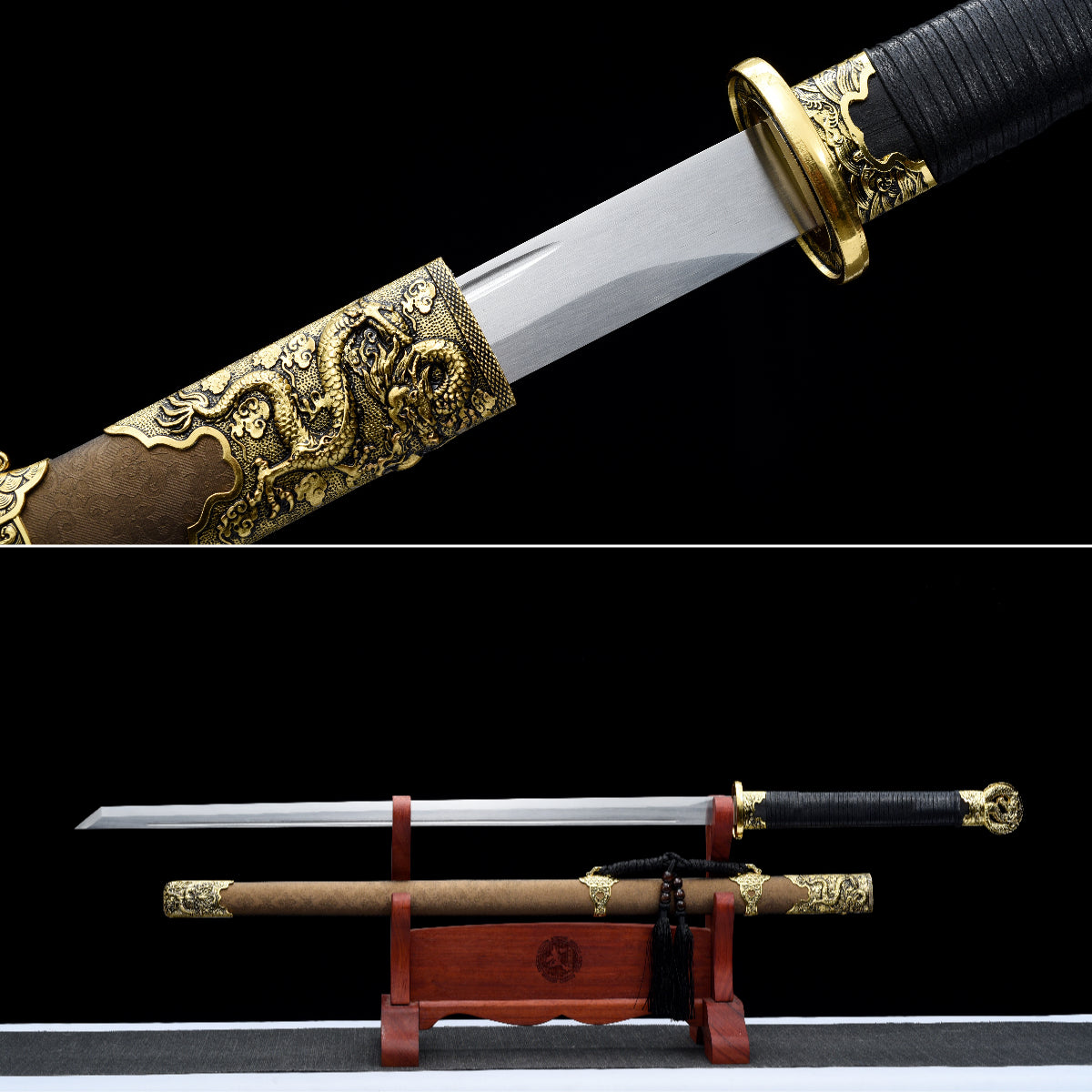 Handgefertigtes Ninja-Schwert, Klinge aus Manganstahl, Full Tang, goldene Lederscheide – 107 cm, echtes Katana-Schwert