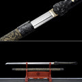 Handgefertigtes Ninjato-Schwert aus Damaszener Stahl, Full Tang, goldene Lederscheide mit schwarzer Kordelwicklung, echtes Katana-Schwert