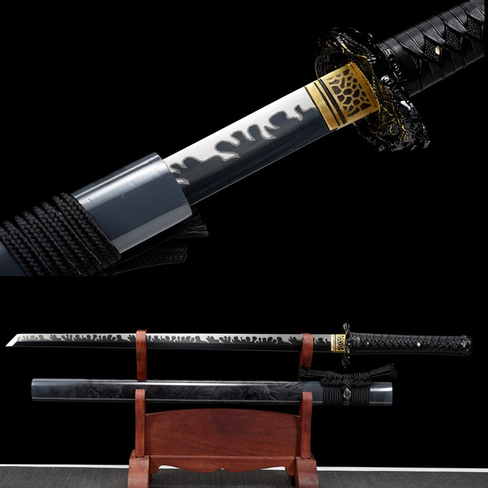 Handgefertigtes Ninjato-Schwert, 1095 Kohlenstoffstahl, Full Tang, schwarze Klinge, echtes Katana-Schwert