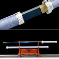Handgefertigtes Ninja-Schwert, Manganstahl, blaue Klinge, Full-Tang, blau bedruckte Scheide – 104 cm, echtes Katana-Schwert