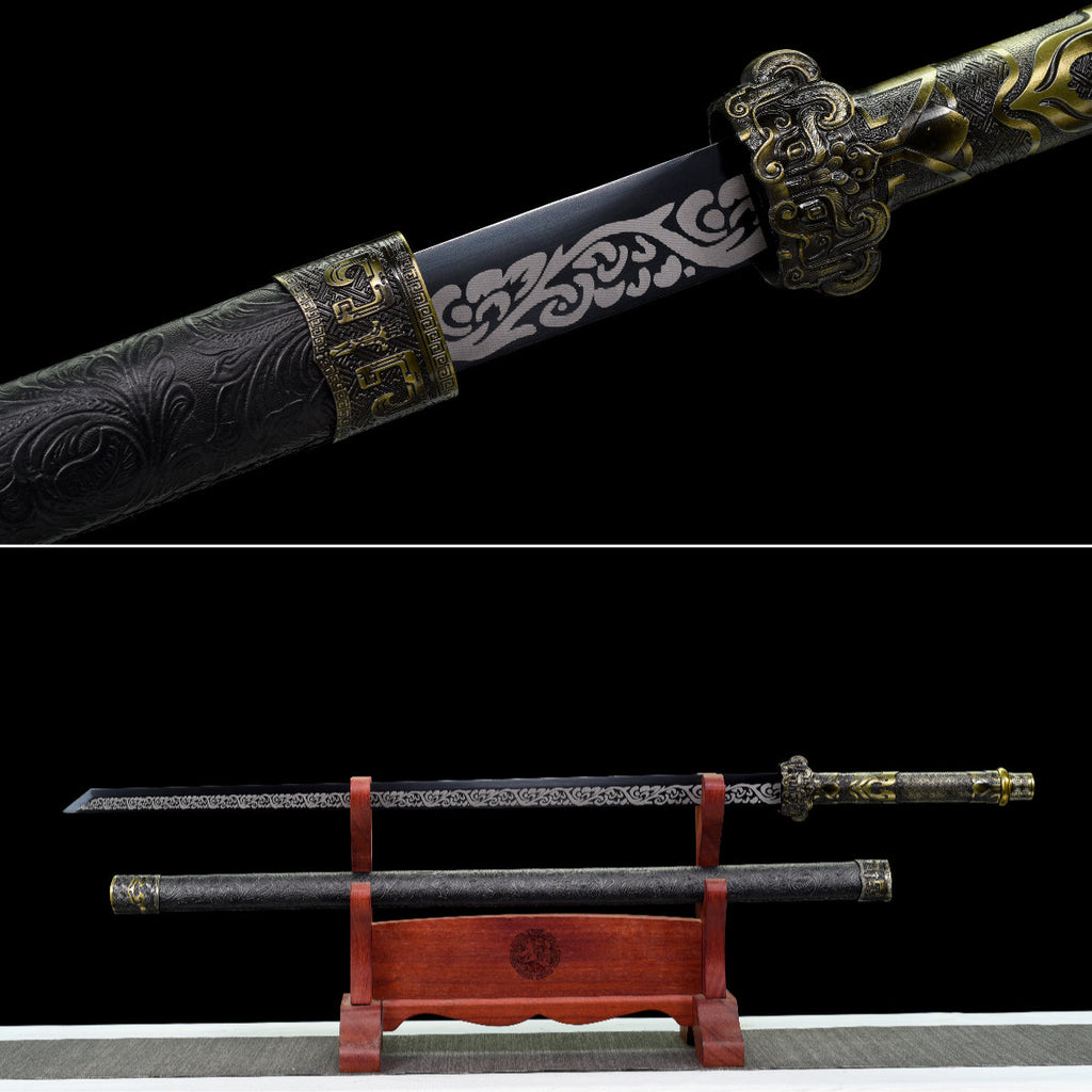 Handgefertigtes Ninjato-Schwert, Federstahl, schwarze Klinge, Full Tang, schwarze Scheide - 100,8 cm, echtes Katana-Schwert