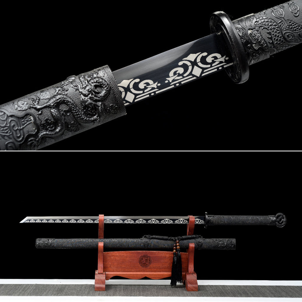Handgefertigtes Ninjato-Schwert, Federstahl, Full Tang, schwarze Scheide - 107 cm, echtes Katana-Schwert