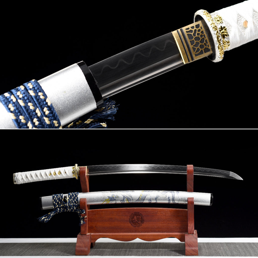 Handgefertigtes Full-Tang-Wakizashi-Schwert, Damaszener Stahl, lehmgehärtete Klinge, weiß bedruckte Scheide – 79 cm, echtes Katana-Schwert