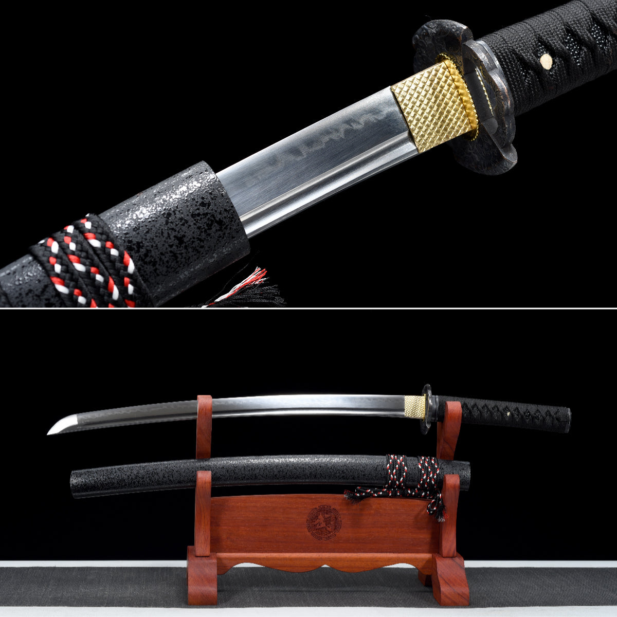 Handgefertigtes Full-Tang-Wakizashi-Schwert, T10-Stahl, lehmgehärtete Klinge, schwarze Scheide – 31 Zoll, echtes Katana-Schwert