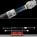 Handgefertigtes Ninja-Schwert, Federstahl, blaue Klinge, Full Tang, schwarze Lederscheide – 107 cm, echtes Katana-Schwert