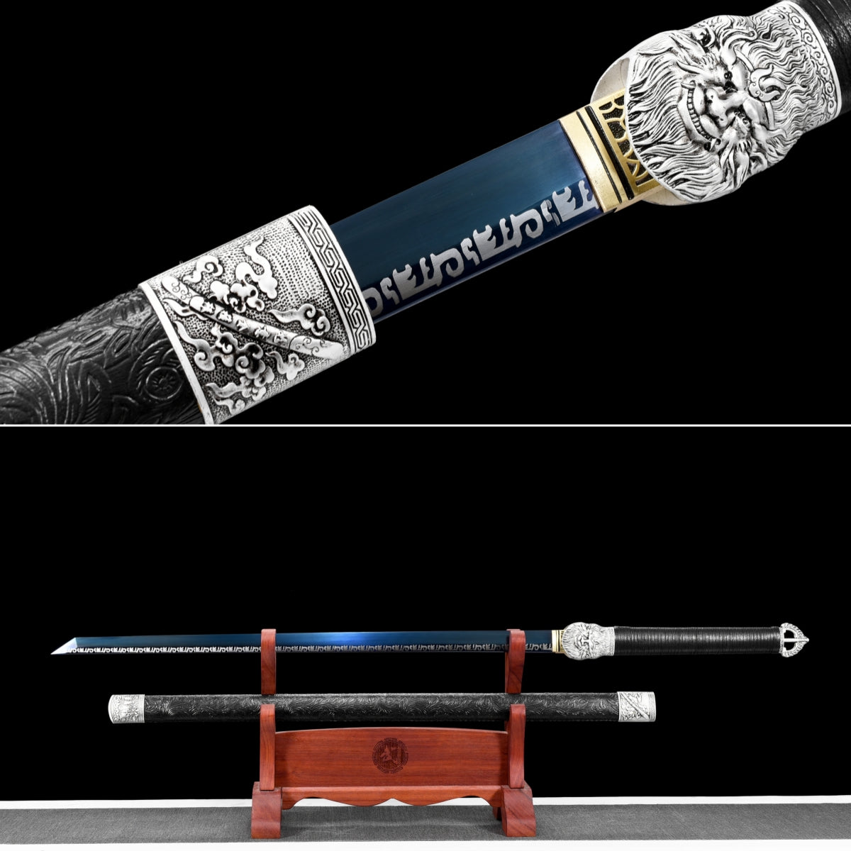 Handgefertigtes Ninja-Schwert, Federstahl, blaue Klinge, Full Tang, schwarze Lederscheide – 107 cm, echtes Katana-Schwert