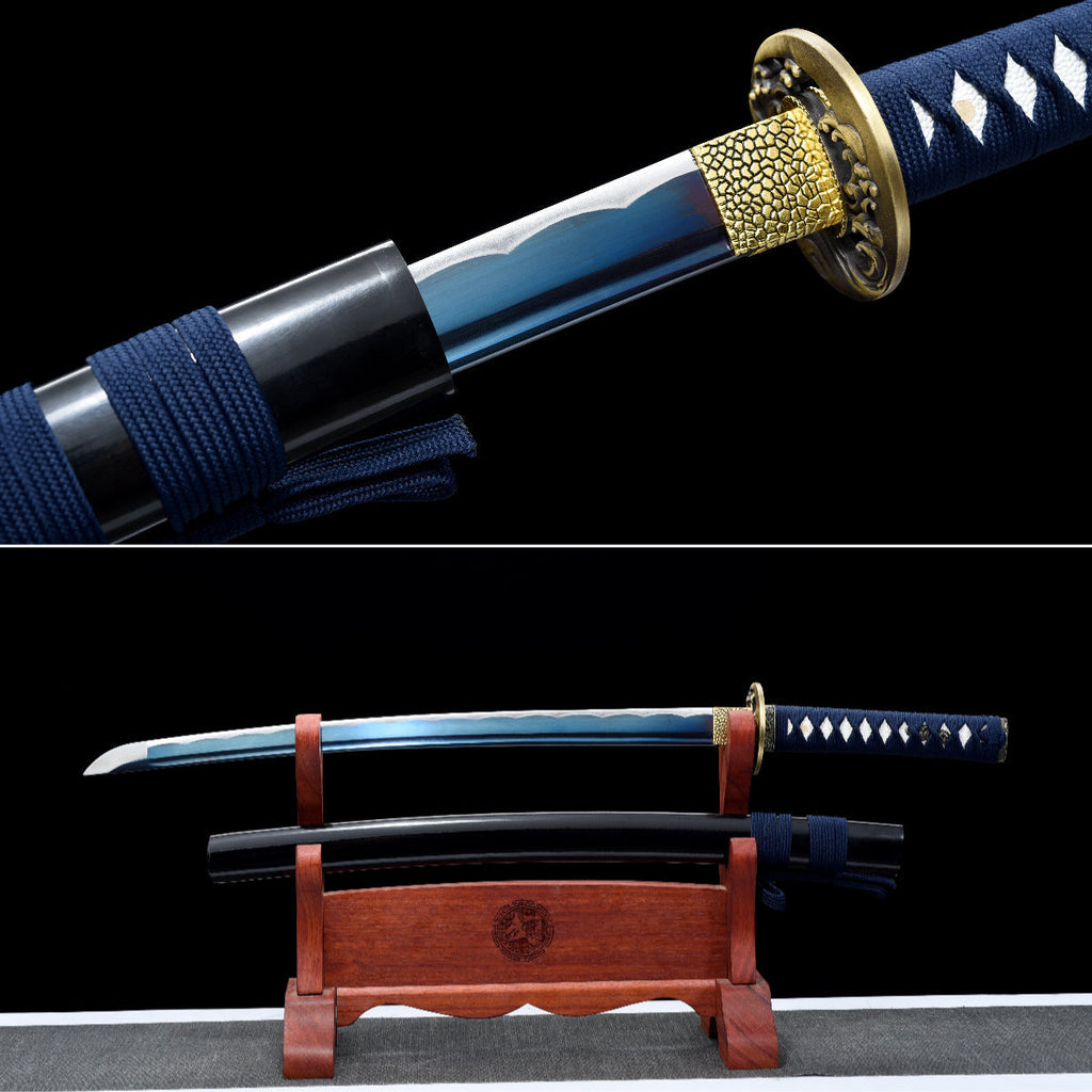 Handgefertigtes Wakizashi-Schwert aus 1045 Kohlenstoffstahl mit blauer Scheide – 31 Zoll, echtes Katana-Schwert