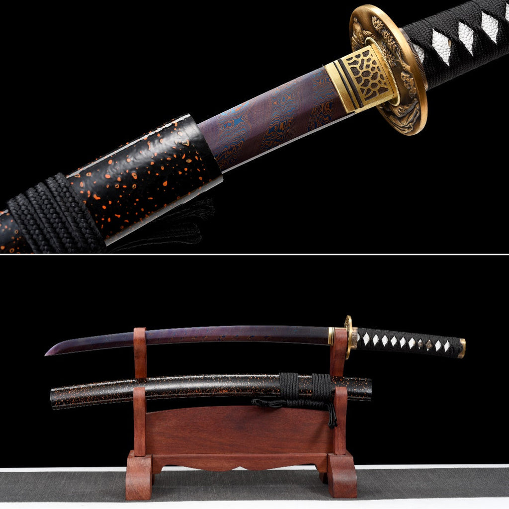 Handgefertigtes Wakizashi-Schwert, blauer Damaszener-Stahl mit schwarzer Scheide – 79 cm, echtes Katana-Schwert