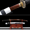 Handgefertigtes Wakizashi-Schwert aus rotem Damaststahl mit weißer Lederscheide – 79 cm, echtes Katana-Schwert