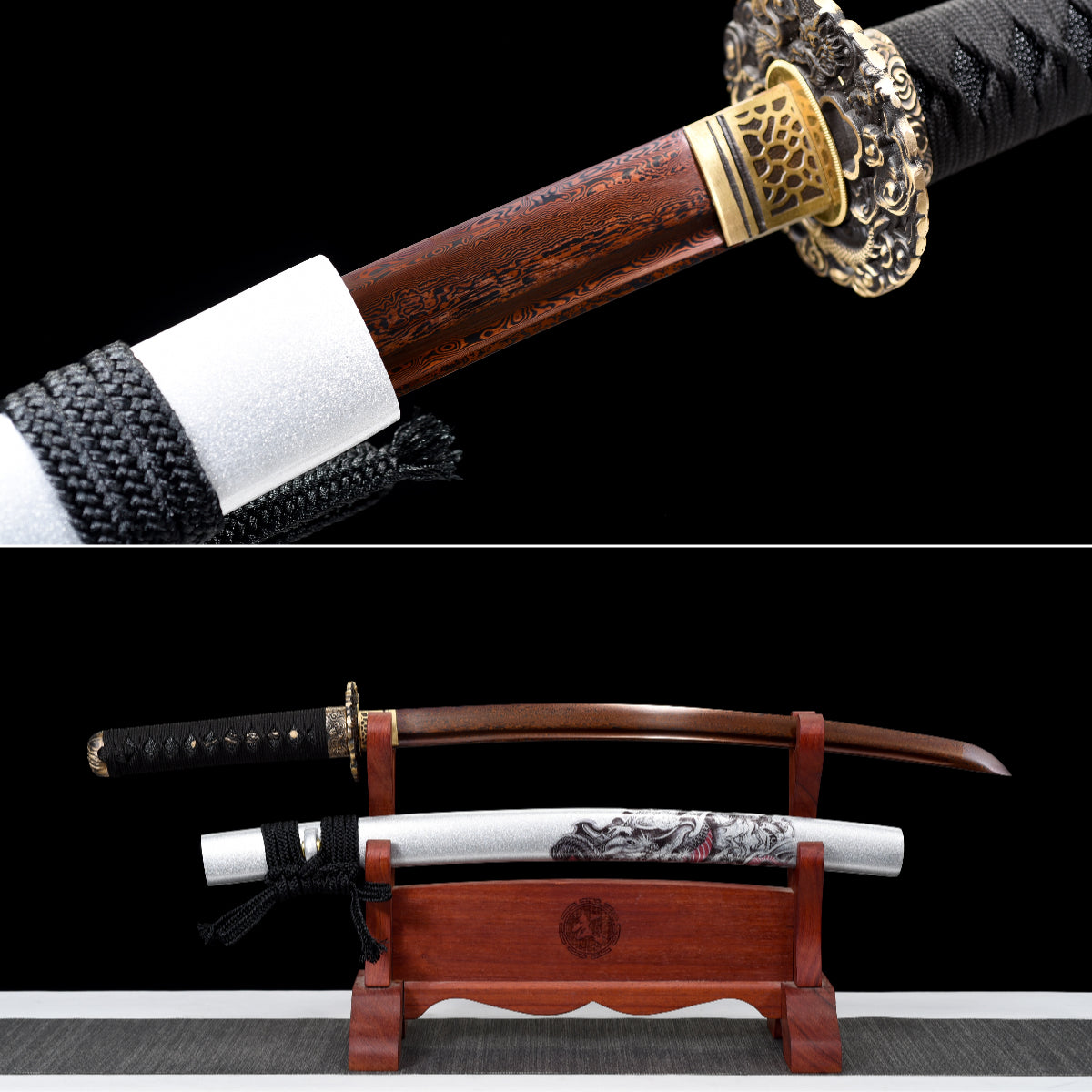 Handgefertigtes Wakizashi-Schwert aus rotem Damaststahl mit weißer Lederscheide – 79 cm, echtes Katana-Schwert