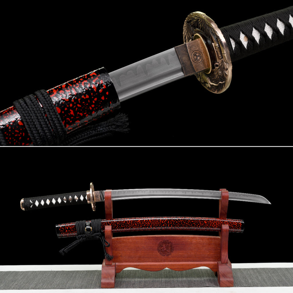 Handgefertigtes Full Tang Wakizashi-Schwert, T10-Kohlen stoffstahl, lehmgehärtete Klinge, rot gefleckte Scheide - 79 cm, echtes Katana-Schwert