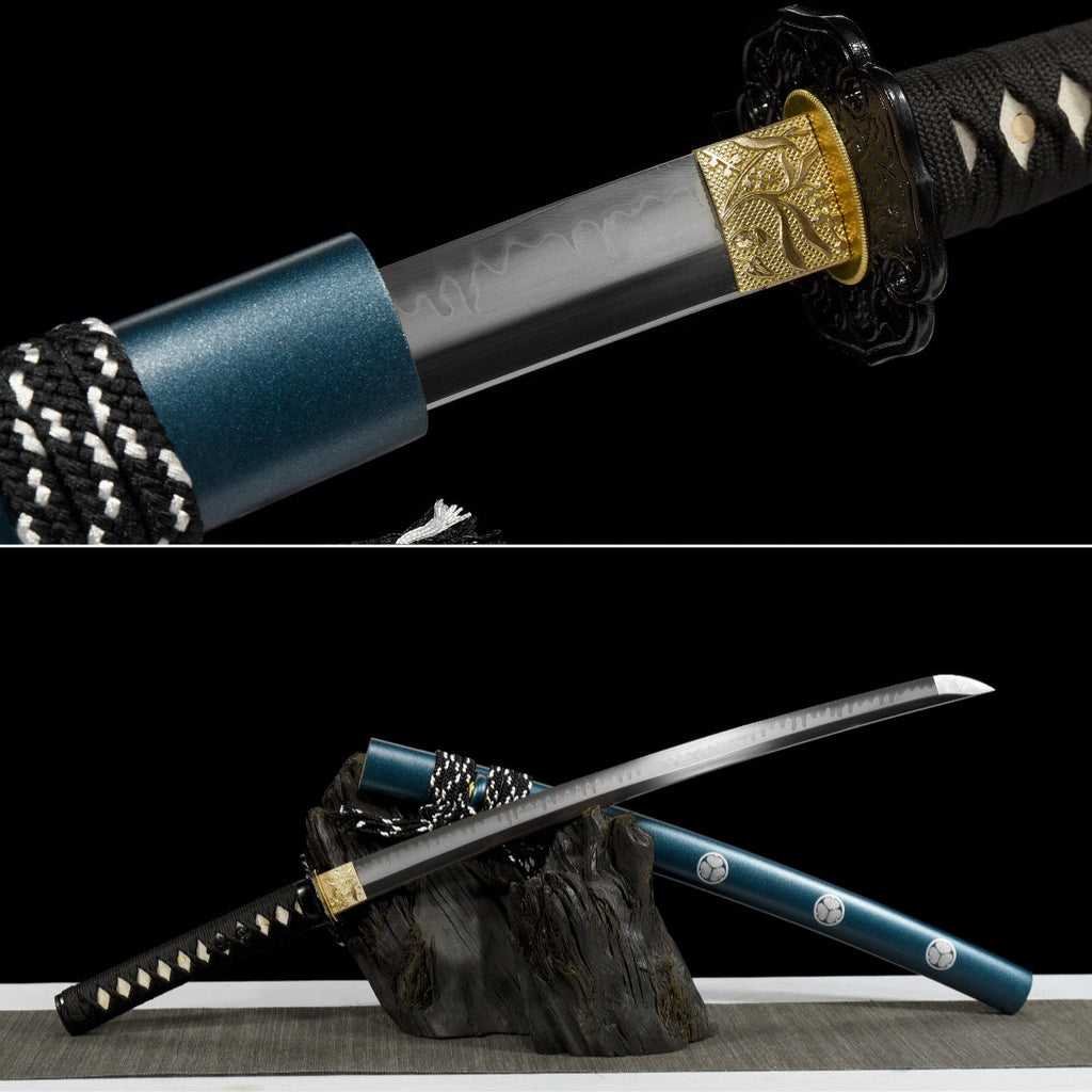 Handgefertigtes Full-Tang-Wakizashi-Schwert aus T10-Kohlenstoffstahl mit lehmgehärteter Klinge – 79 cm, echtes Katana-Schwert