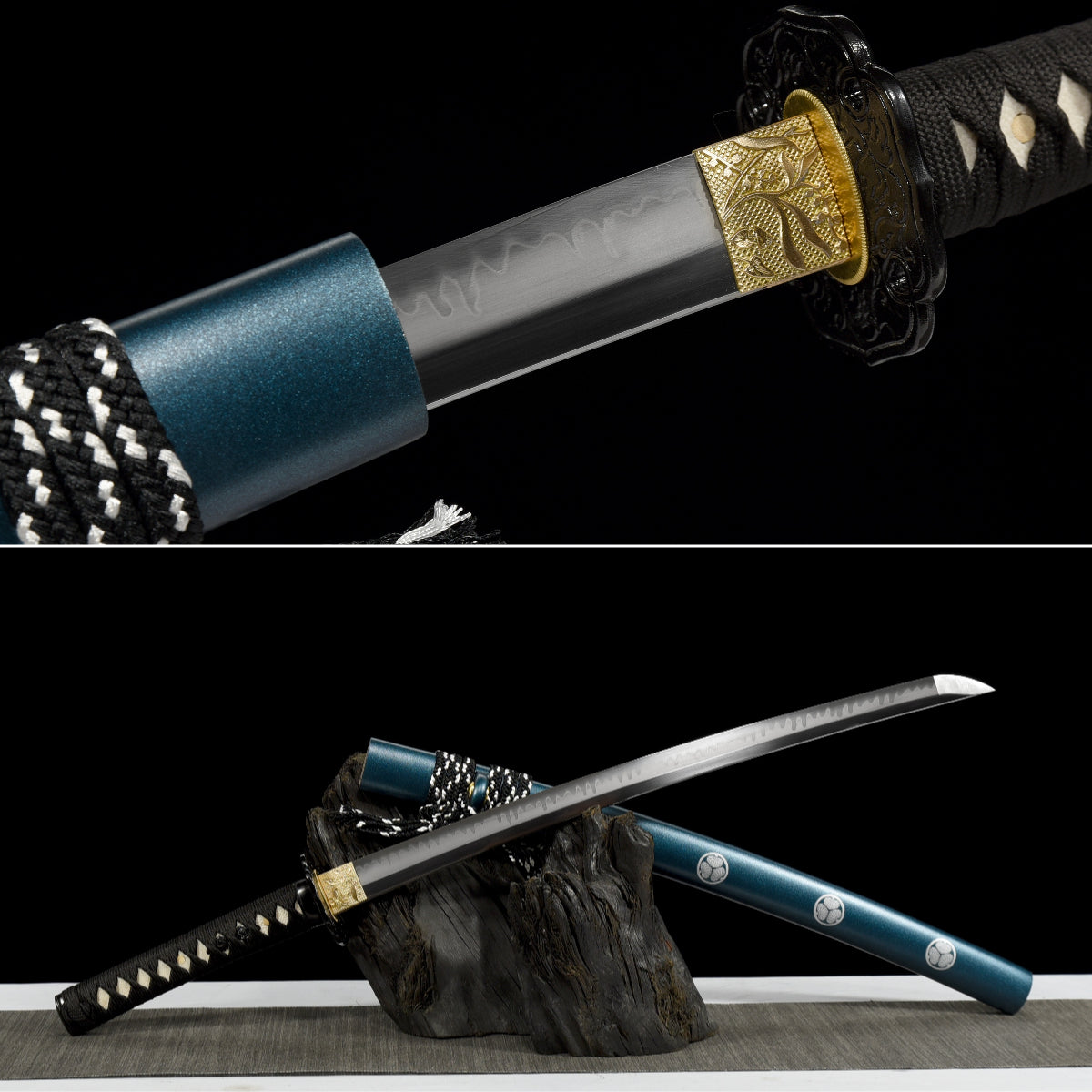 Handgefertigtes Full-Tang-Wakizashi-Schwert aus T10-Kohlenstoffstahl mit lehmgehärteter Klinge – 79 cm, echtes Katana-Schwert