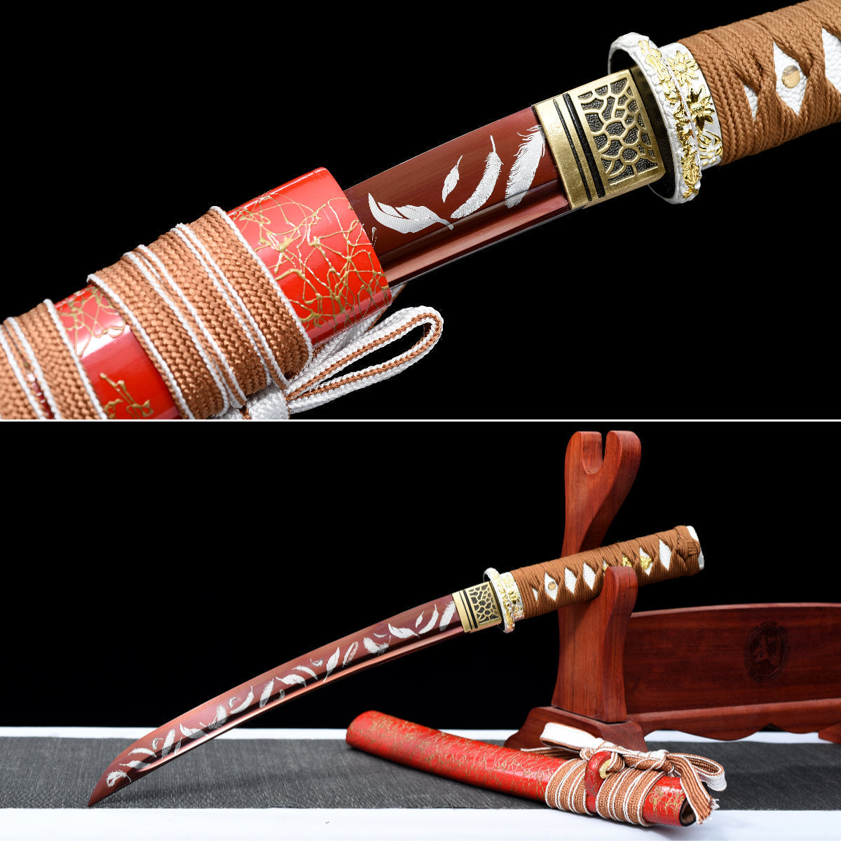 Handgefertigtes Full-Tang-Tanto-Schwert aus rotem Manganstahl mit Scheide – 53 cm, echtes Katana-Schwert