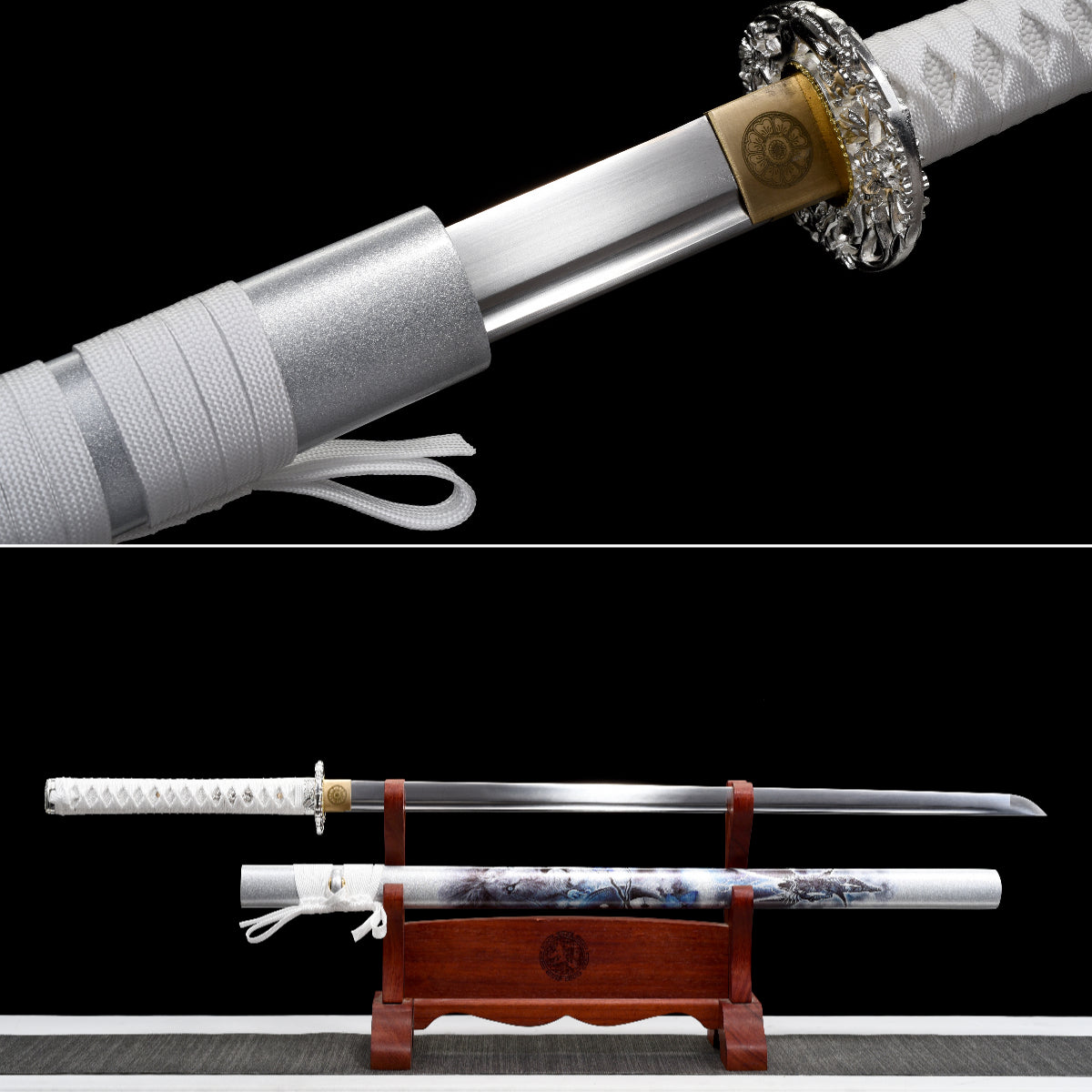Handgefertigtes Ninja-Schwert, Klinge aus Federstahl, Full Tang, weiß bedruckte Scheide - 104 cm, echtes Katana-Schwert