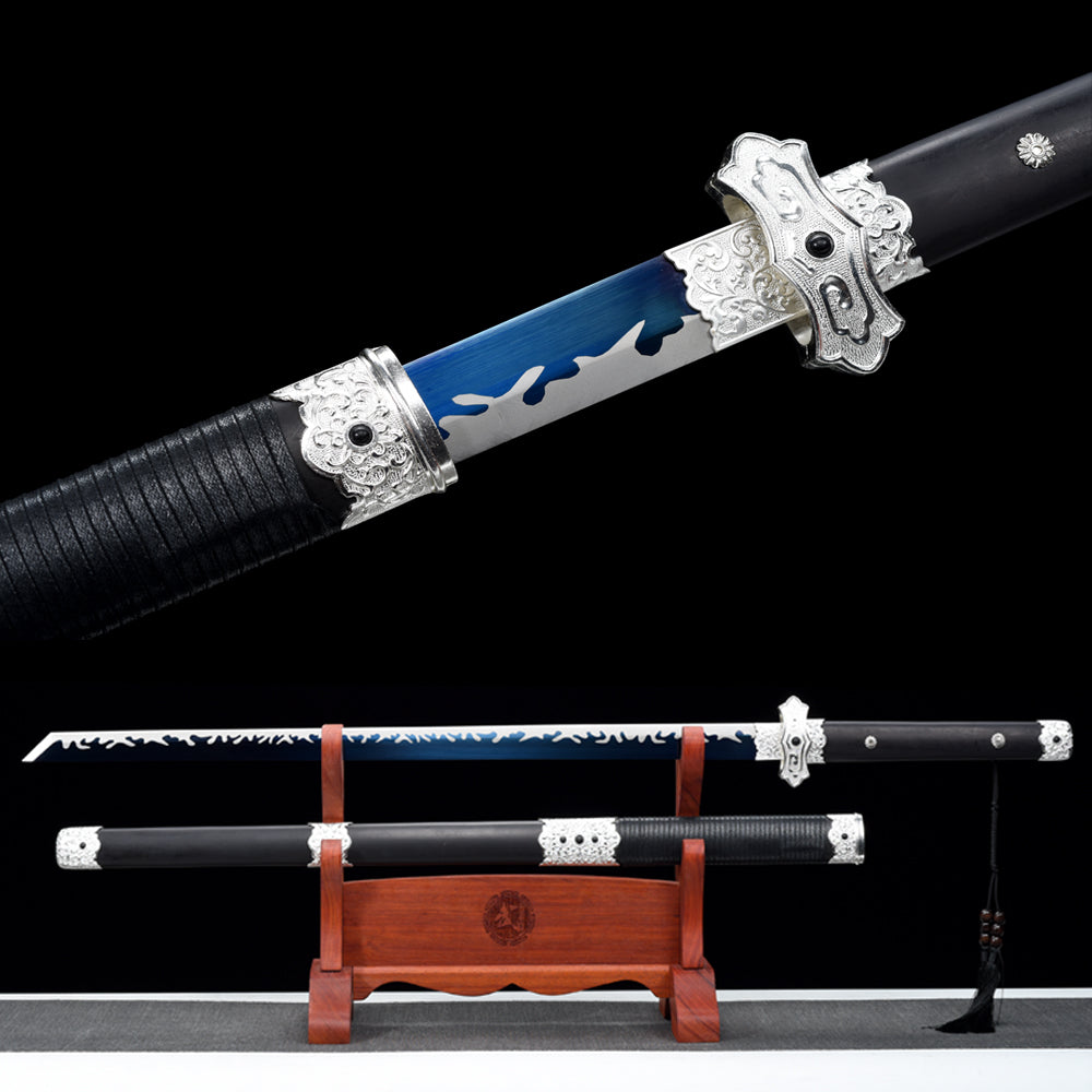 Handgefertigtes Ninjato-Schwert, Manganstahl, Full Tang, blaue Klinge, echtes Katana-Schwert