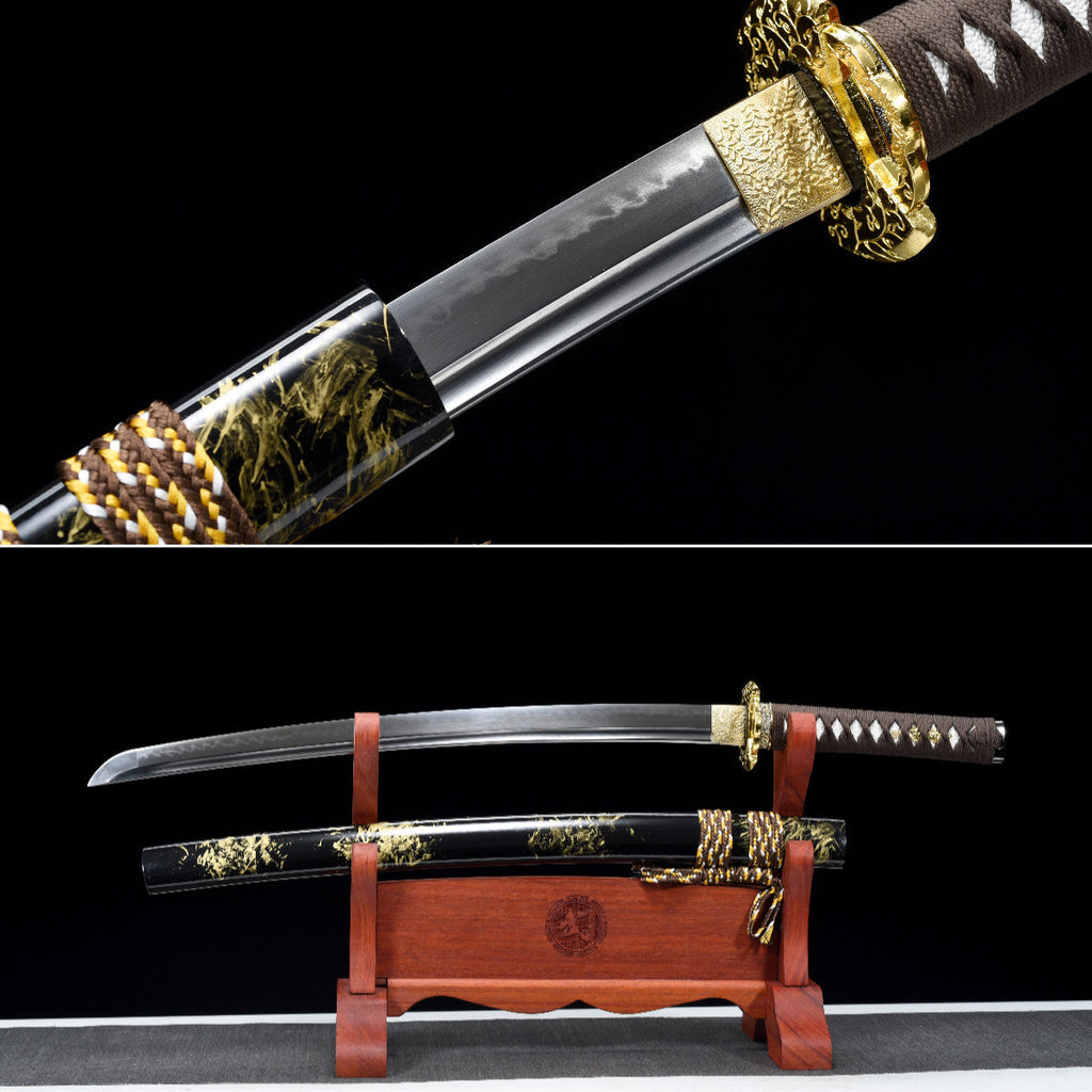 Handmade Full Tang Wakizashi Sword T10 Carbon Steel Clay Tempered Blade Black printed scabbard - 31 in,Real katana sowrd