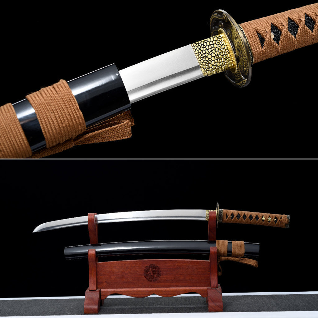 Handgefertigtes Wakizashi-Schwert aus 1045er Kohlenstoffstahl mit schwarzer Scheide – 79 cm, echtes Katana-Schwert