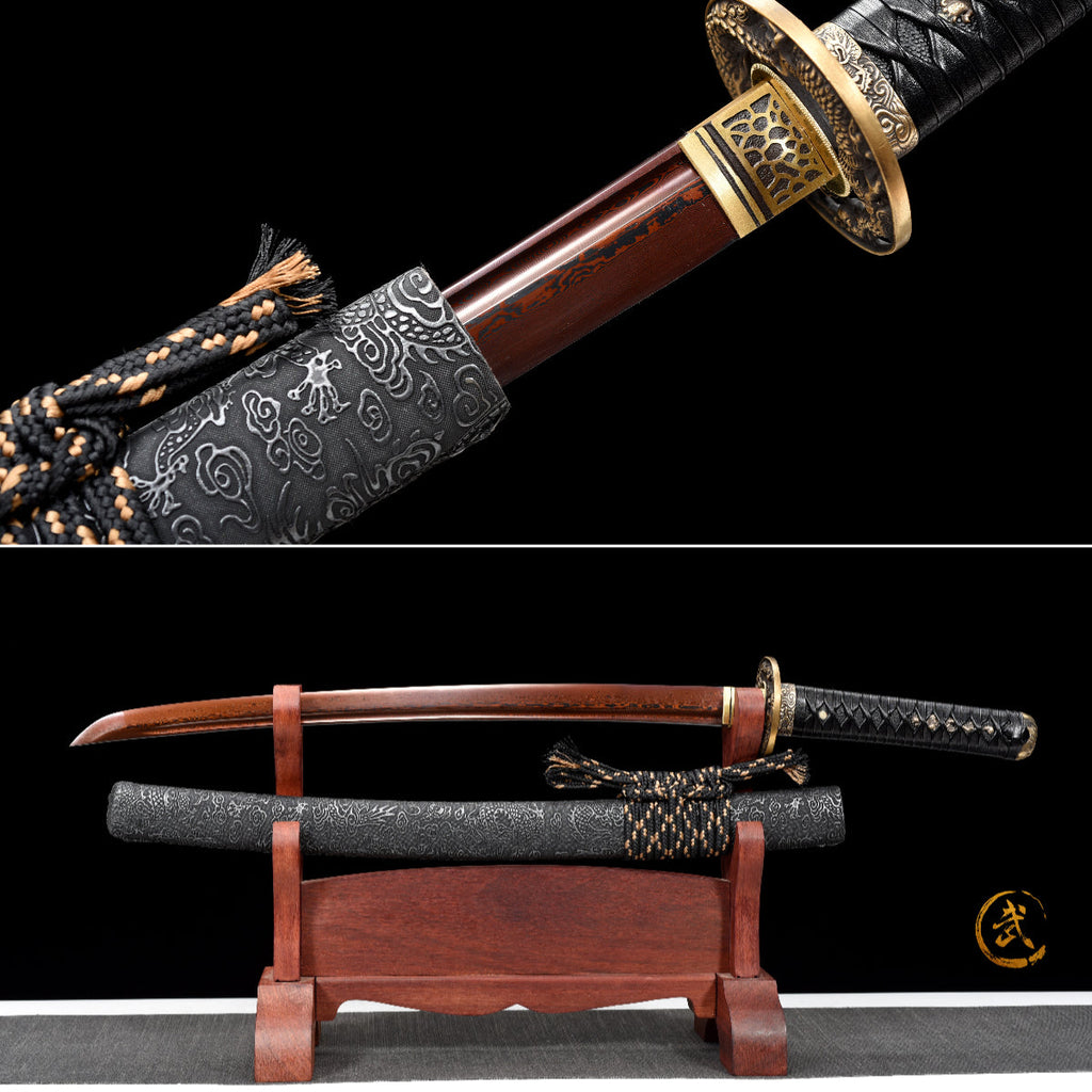 Handgefertigtes Wakizashi-Schwert aus rotem Damaszener Stahl mit schwarzer Lederscheide – 79 cm, echtes Katana-Schwert