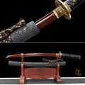 Handgefertigtes Wakizashi-Schwert aus rotem Damaszener Stahl mit schwarzer Lederscheide – 79 cm, echtes Katana-Schwert