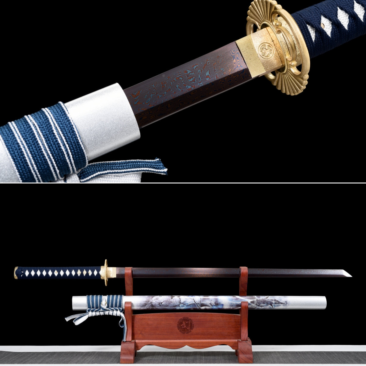 Handgefertigtes Ninjato-Schwert, roter Damaszener-Stahl, Full Tang, Schwertscheide mit weißem Aufdruck, Griff mit blauem Band umwickelt, weiße Rochenhaut – 104 cm, echtes Katana-Schwert
