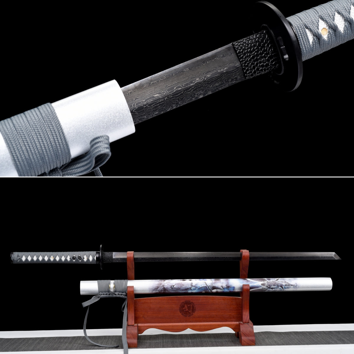 Handgefertigtes Ninjato-Schwert, schwarzer Damaszenerstahl, Full Tang, Scheide mit weißem Aufdruck, graues Griffband, weiße Rochenhaut – 104 cm, echtes Katana-Schwert