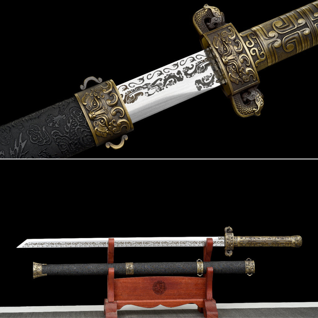 Handmade Chinese style Sword 1045 High carbon steel Full Tang Black Leather sheath and Alloy handle  - 42 in,Real katana sowrd