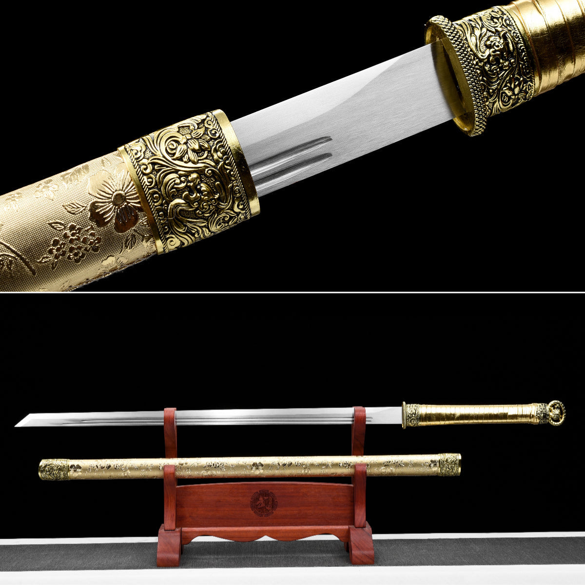 Handgefertigtes Ninjato-Schwert, Manganstahl, Full Tang, goldene Scheide - 104 cm, echtes Katana-Schwert