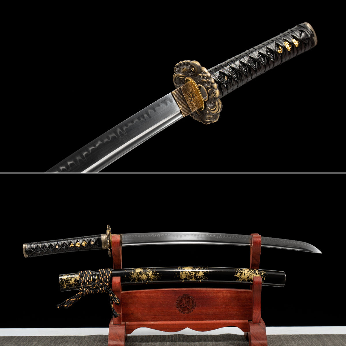 Handgefertigtes Full-Tang-Wakizashi-Schwert, Damaststahl, lehmgehärtete Klinge, schwarz bedruckte Scheide – 31 Zoll, echtes Katana-Schwert