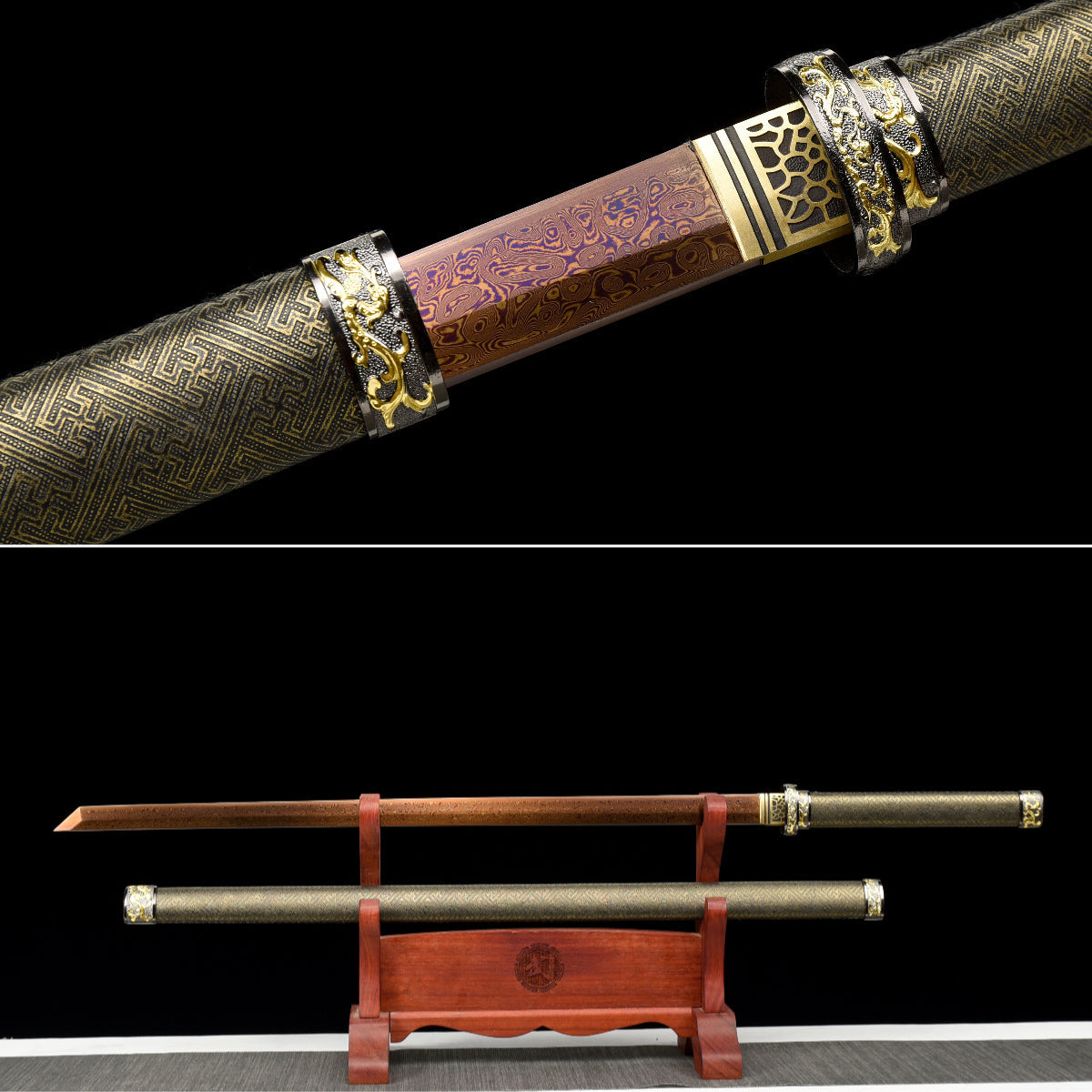Handgefertigtes Ninjato-Schwert, roter Damaszener-Stahl, Full Tang, Lederscheide und Griff aus Holz mit Lederumwicklung – 104 cm, echtes Katana-Schwert