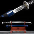 Handgefertigtes Wakizashi-Schwert aus 1045 Kohlenstoffstahl mit blauer Scheide – 79 cm, echtes Katana-Schwert